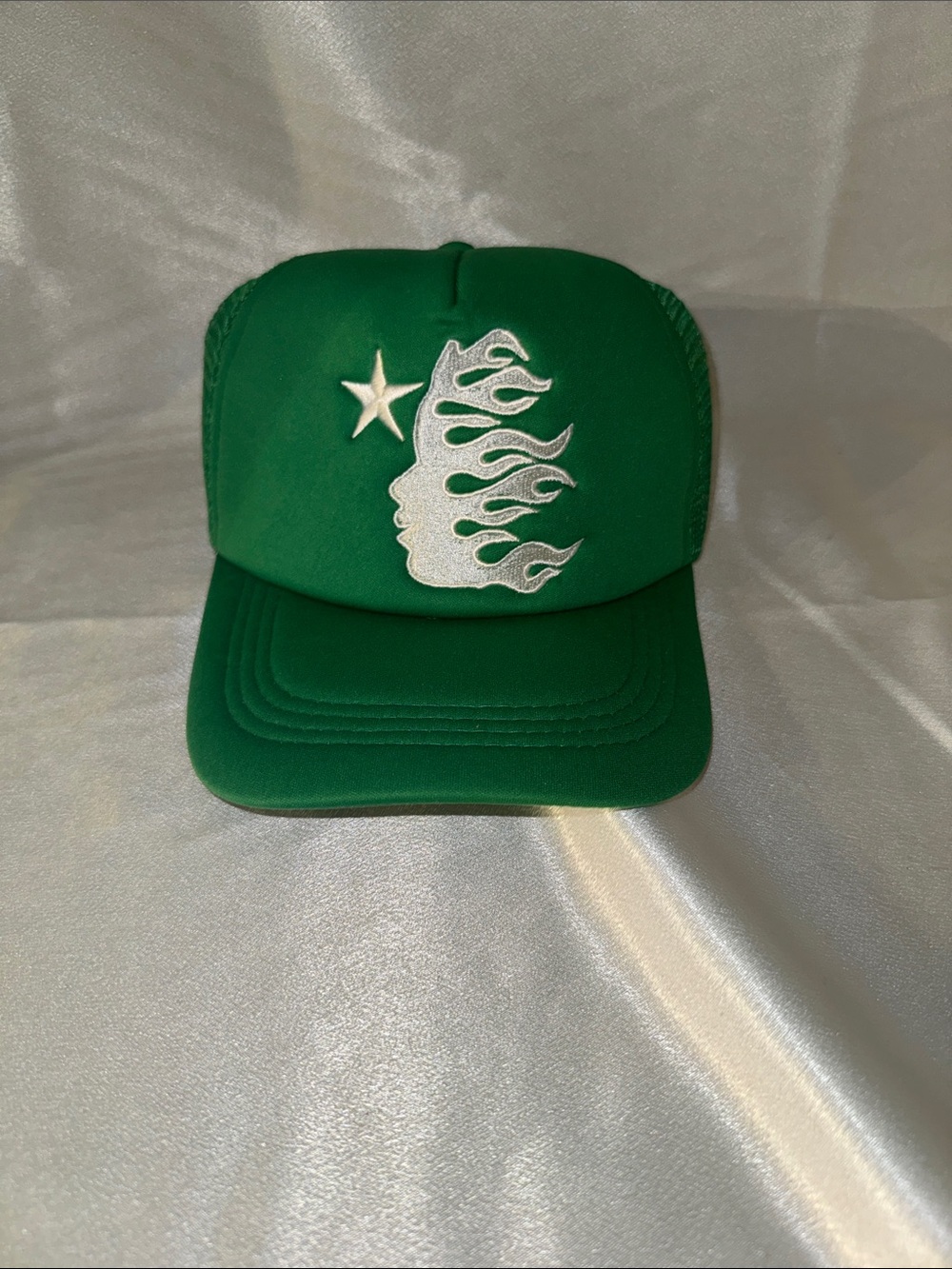 New! “HELLSTAR” Green Foam Trucker Hat with Embroidered Silver Flame Patch.